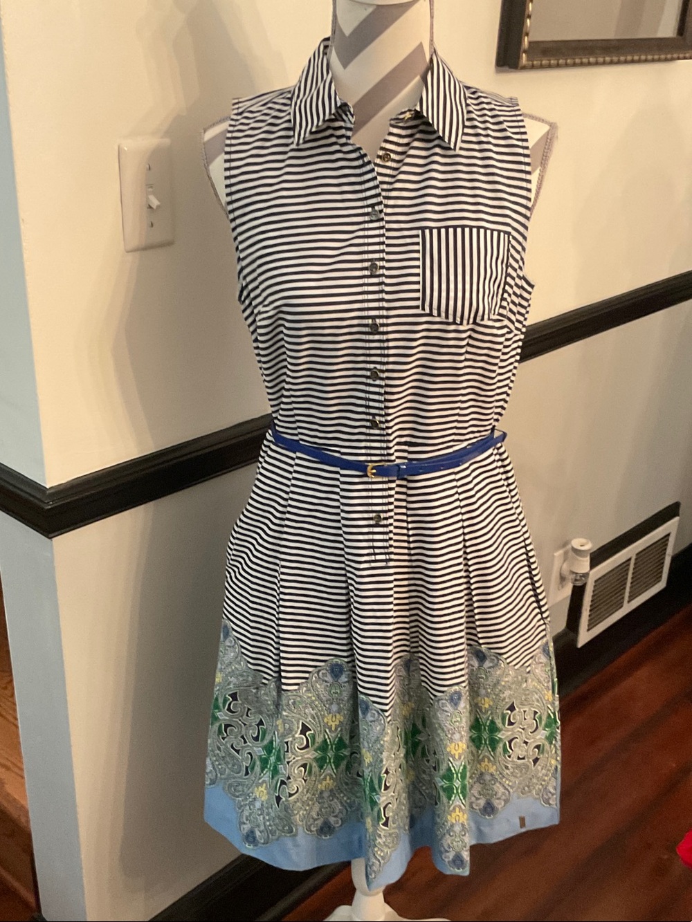Tommy Hilfiger Black & White Striped Sleeveless Dress with Blue Floral Hem